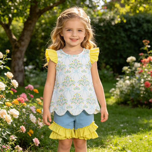 GSSO2767 Baby Girls Bow Flowers Checked Scallop Tunic Ruffle Shorts Clothes Sets