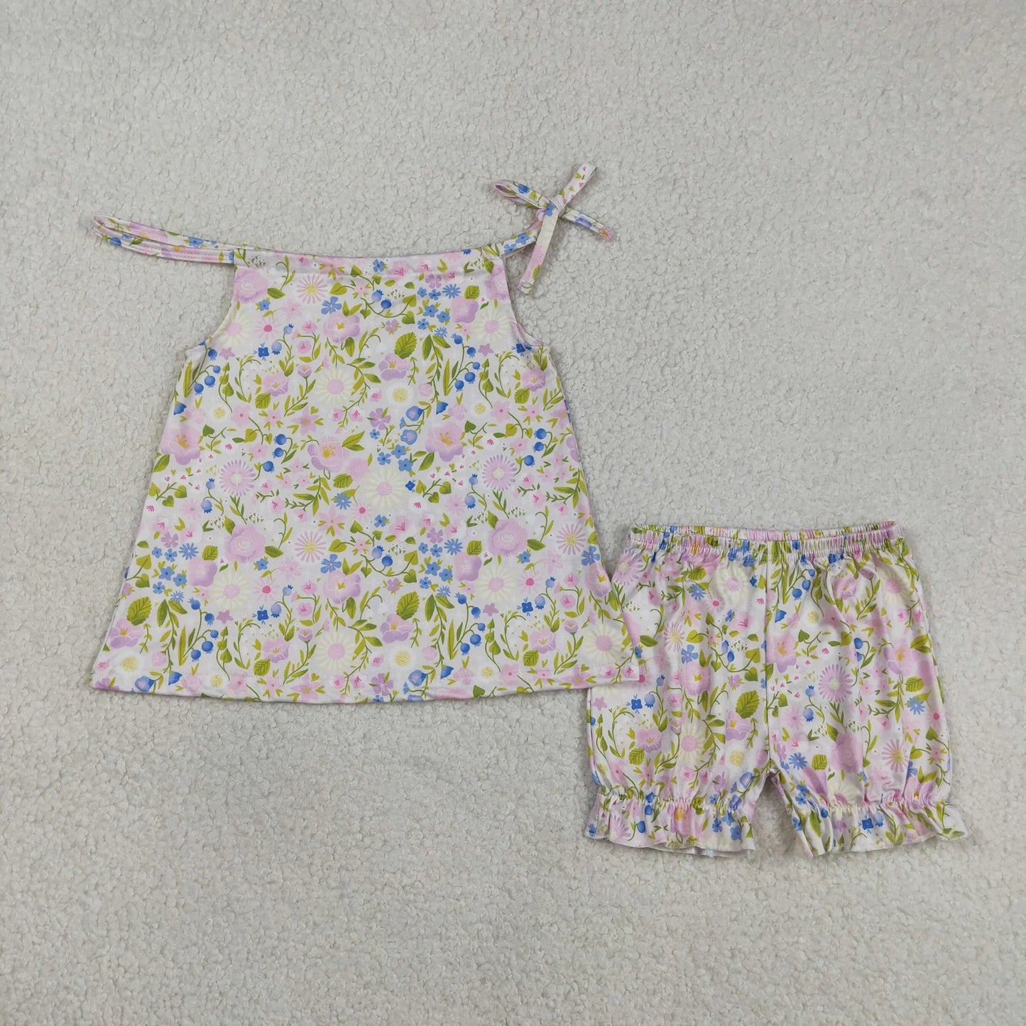 Sibling Baby Girls Colorful Flowers Beach Bows Tunic Ruffle Short Clothes Sets）