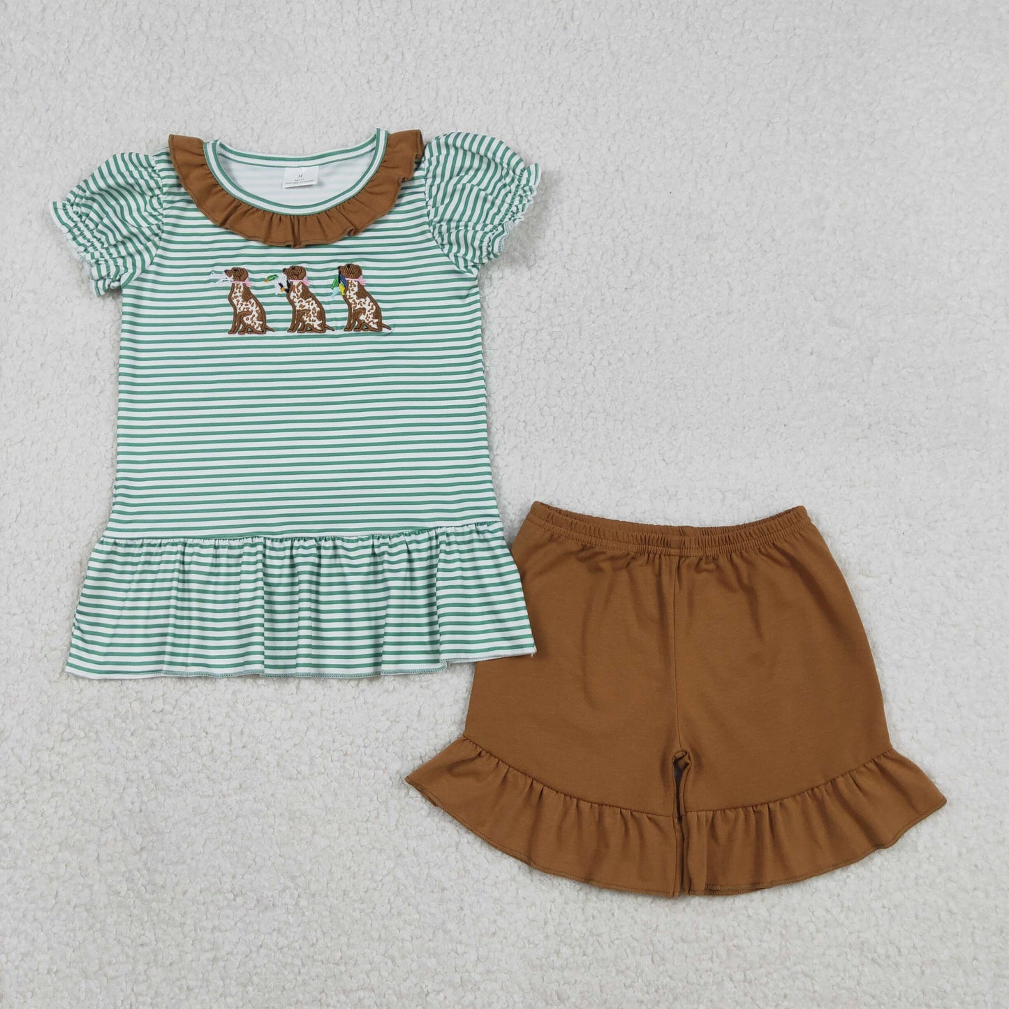 Sibling Baby Girls Embroidery Duck Dogs Ruffle Shorts Hunting Clothes Sets Rompers