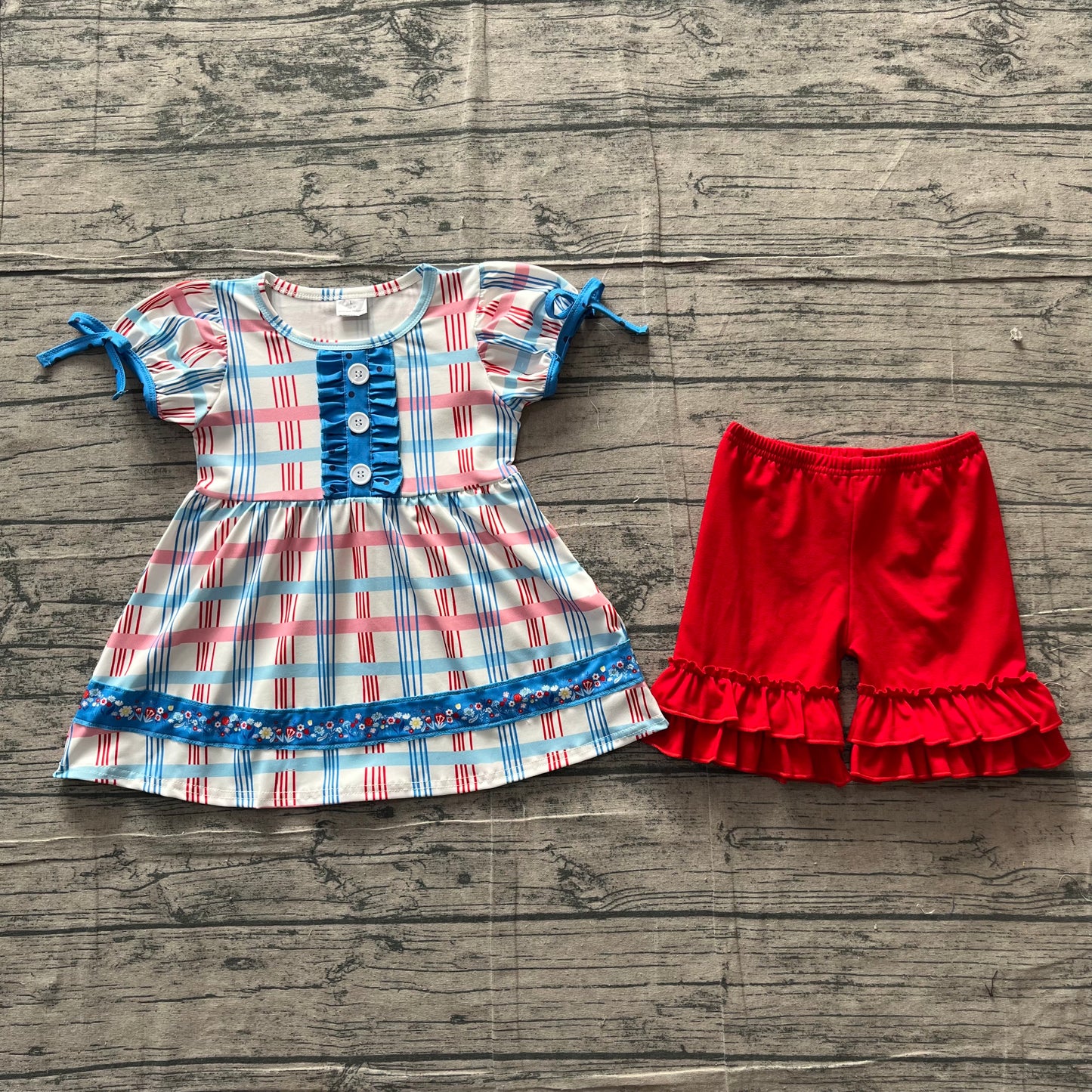 GSSO2815 Plaid Small Flowers Tunic Top Red Shorts Girls 4th of July Clothes Set