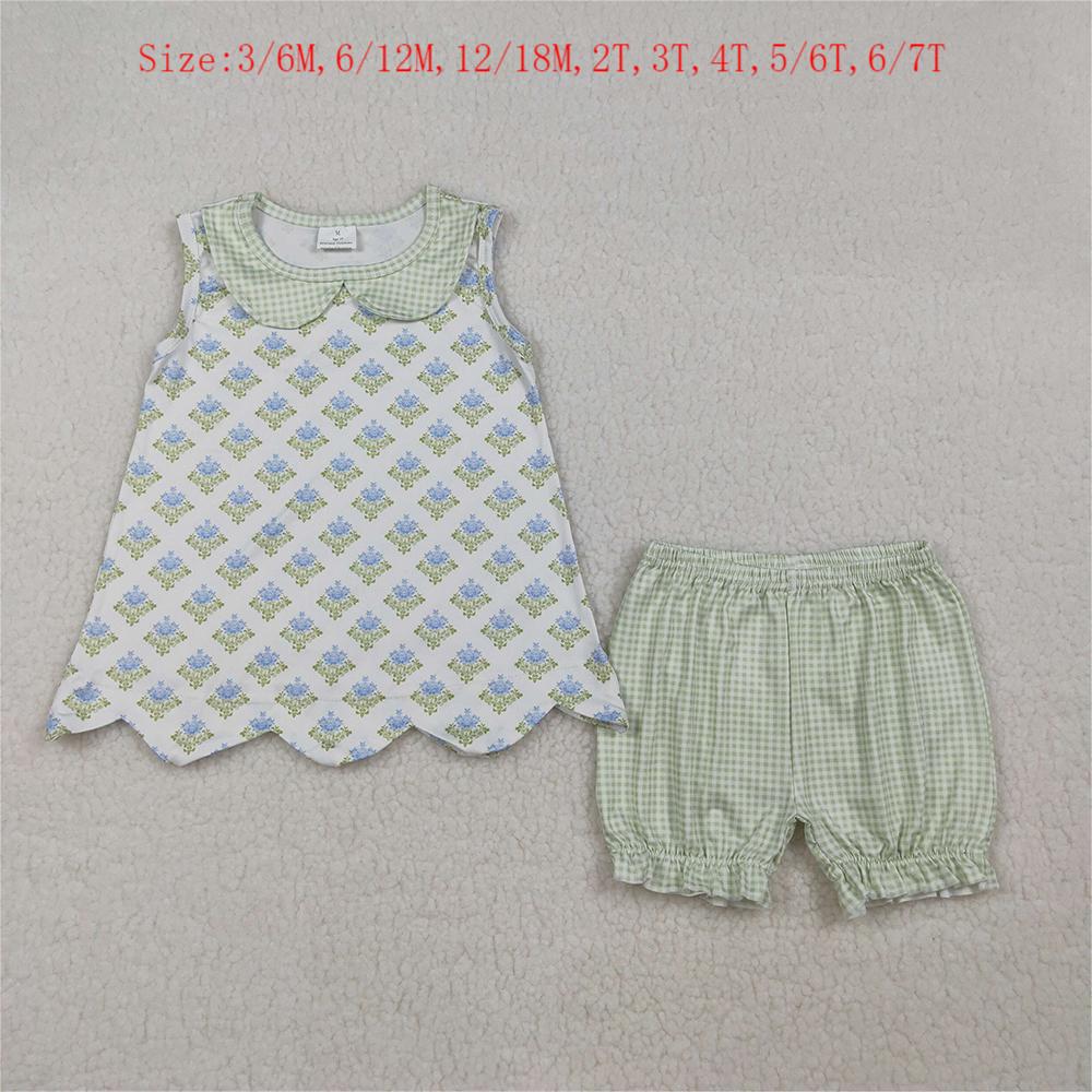 Flowers Doll Collar Sleeveless Scallop Girls Summer Clothes Sibling Matching Wear