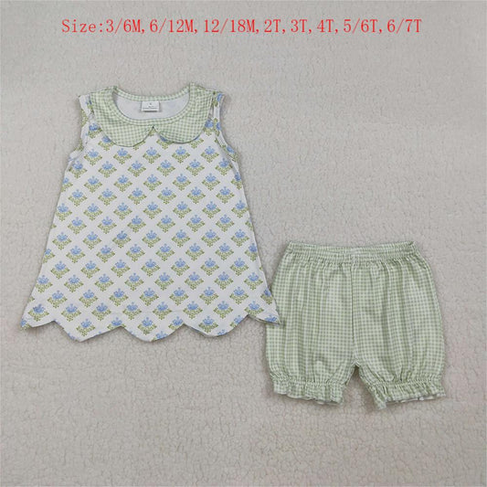 GSSO2850 Flowers Doll Collar Sleeveless Scallop Top Plaid Shorts Girls Summer Clothes Set