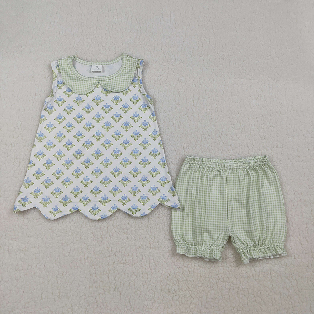 Flowers Doll Collar Sleeveless Scallop Girls Summer Clothes Sibling Matching Wear