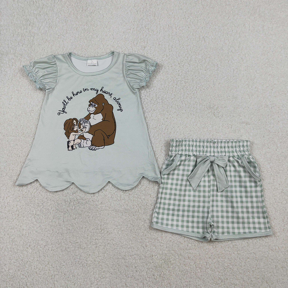 GSSO2906  Cartoon Monkey Scallop Top Plaid Shorts Girls Summer Clothes Set