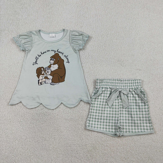 GSSO2906  Cartoon Monkey Scallop Top Plaid Shorts Girls Summer Clothes Set