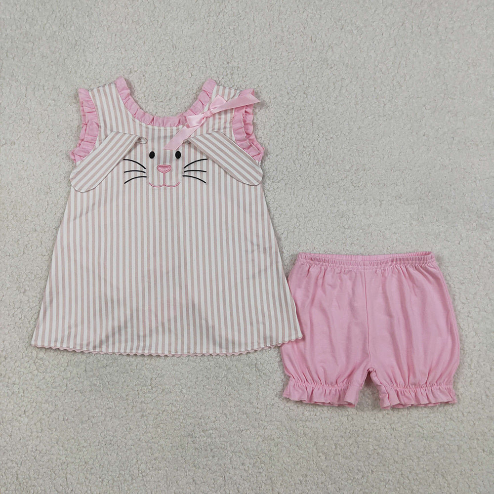 GSSO2924 Bunny Embroidery Stripes Backless Top Pink Shorts Girls Easter Clothes Set
