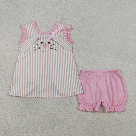 GSSO2924 Bunny Embroidery Stripes Backless Top Pink Shorts Girls Easter Clothes Set