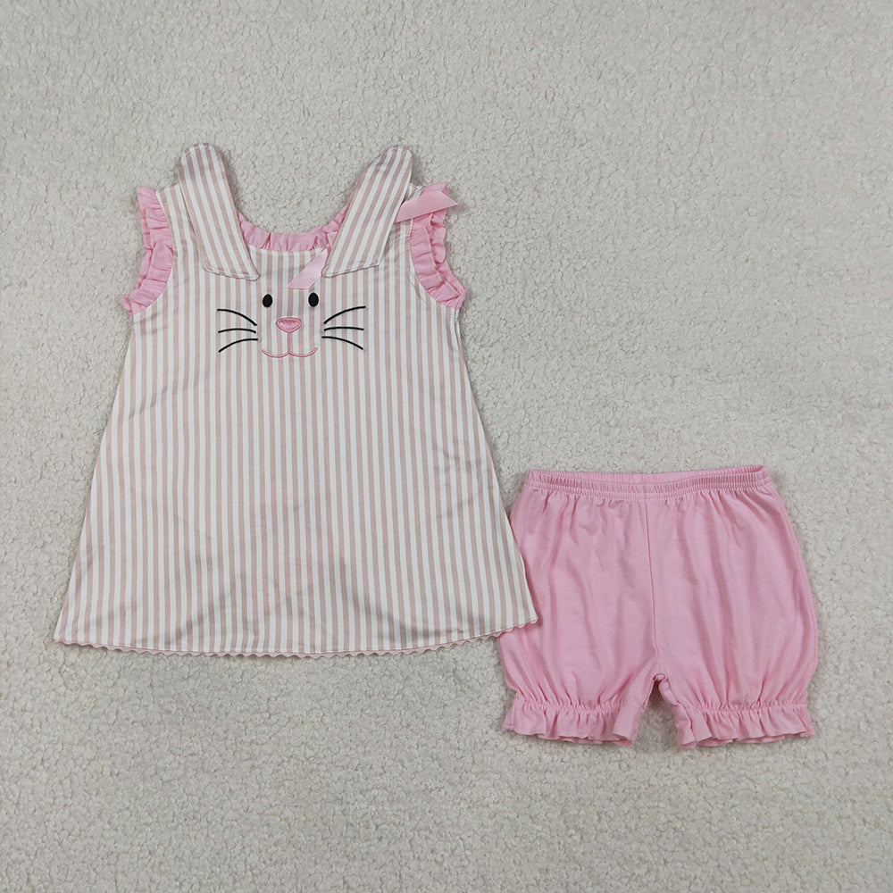 GSSO2924 Bunny Embroidery Stripes Backless Top Pink Shorts Girls Easter Clothes Set