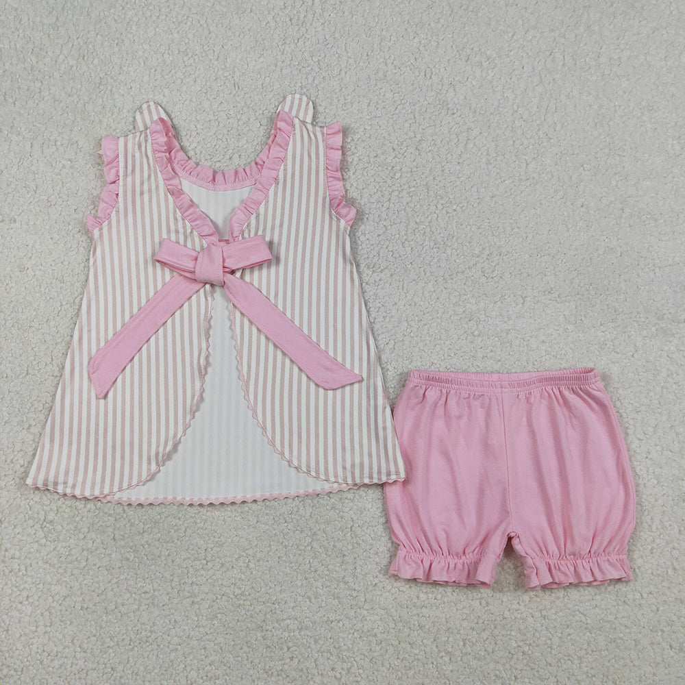 GSSO2924 Bunny Embroidery Stripes Backless Top Pink Shorts Girls Easter Clothes Set