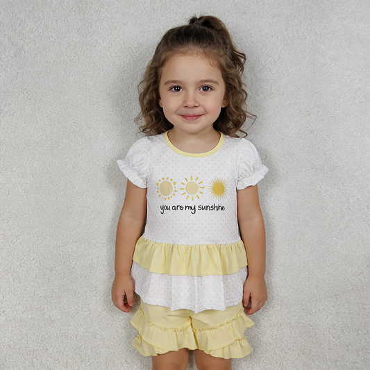 GSSO2947 Girls’ “YOU ARE MY SUNSHINE” Short Sleeve Top & Ruffle Yellow Shorts Set