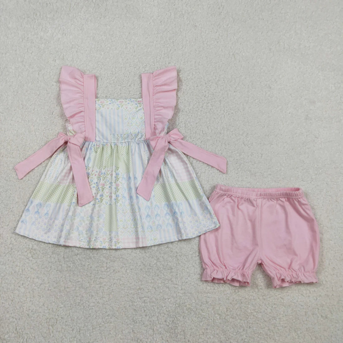 Sibling Baby Girls Colorful Flowers Beach Bows Tunic Ruffle Short Clothes Sets）