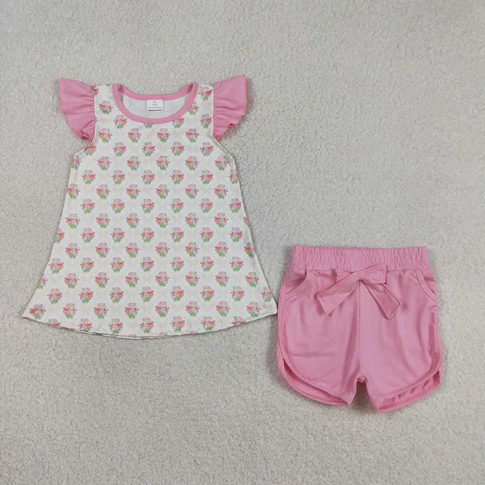 GSSO2953 Flowers Top Pink Pockets Shorts Girls Summer Clothes Set
