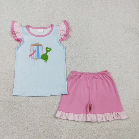Sibling Baby Girls Embroidery Beach Stripe Tunic Ruffle Shorts Clothes Sets