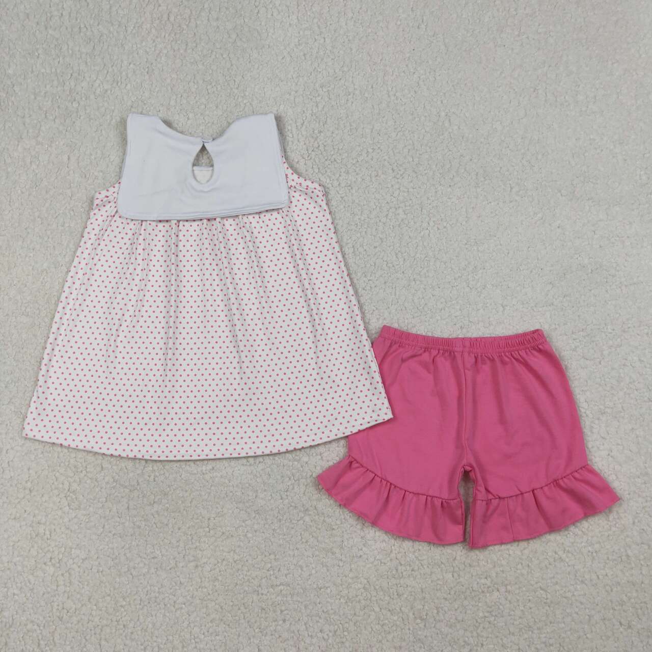 GSSO3019 Embroidery Cross Sheep Baby Girls Polka Dots Tunic Ruffle Shorts Clothes Sets