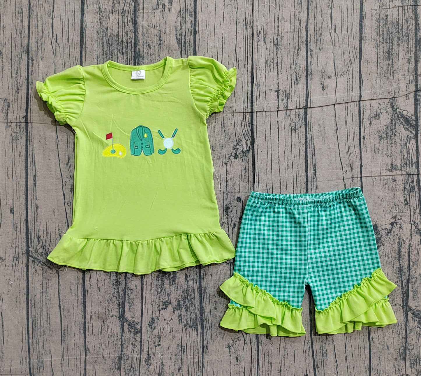 Preorder GSSO3033 Golf Green Top Plaid Shorts Girls Summer Clothes Set