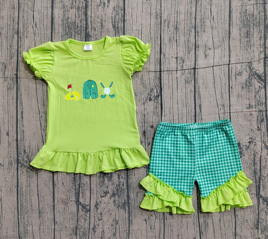 Preorder GSSO3033 Golf Green Top Plaid Shorts Girls Summer Clothes Set