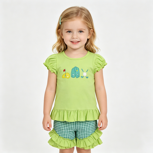 GSSO3033 Golf Embroidery Green Top Plaid Shorts Girls Summer Clothes Set