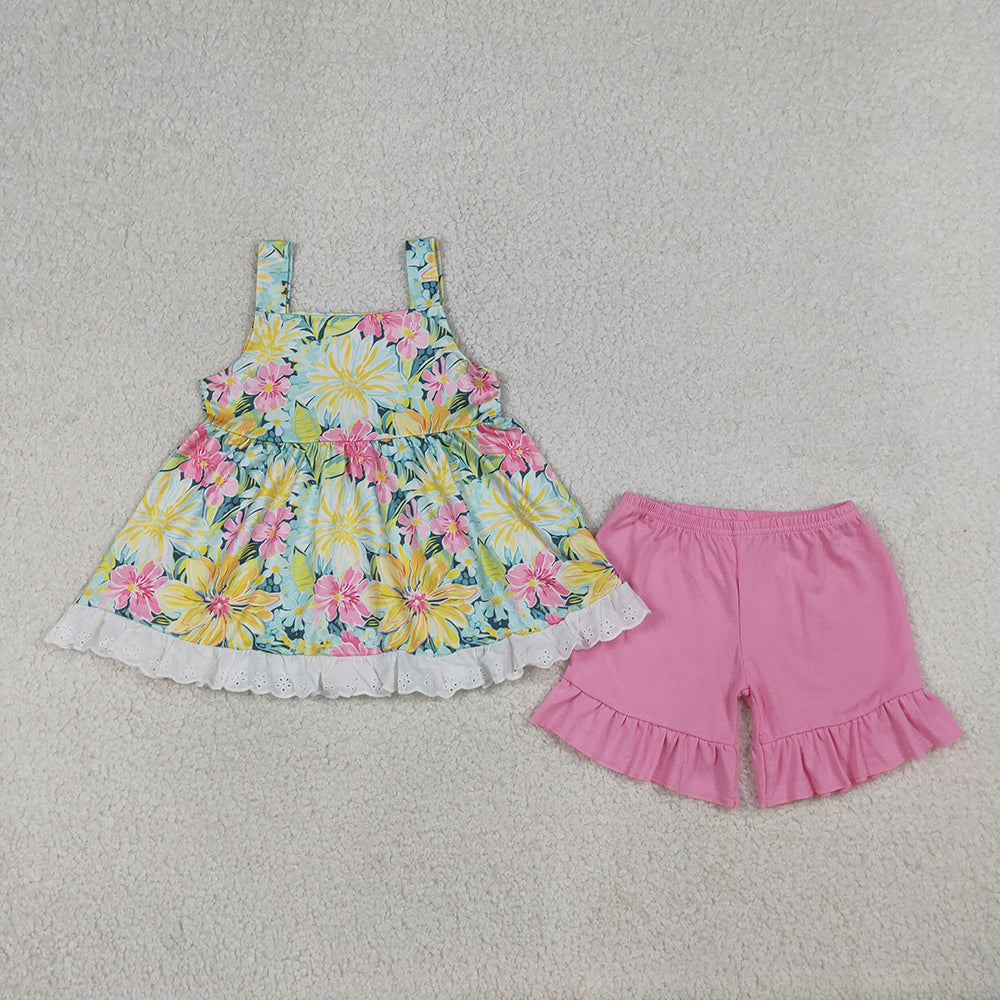 GSSO3034 Girls’ Colorful Flowers Tunic Top & Ruffle Pink Shorts Set