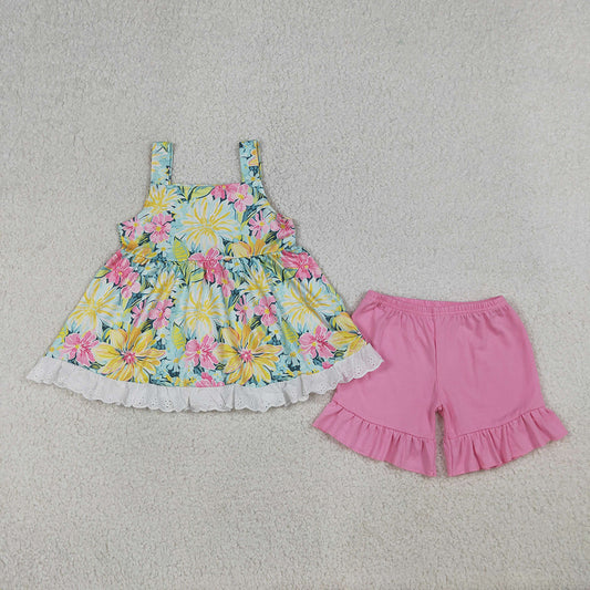 GSSO3034 Girls’ Colorful Flowers Tunic Top & Ruffle Pink Shorts Set