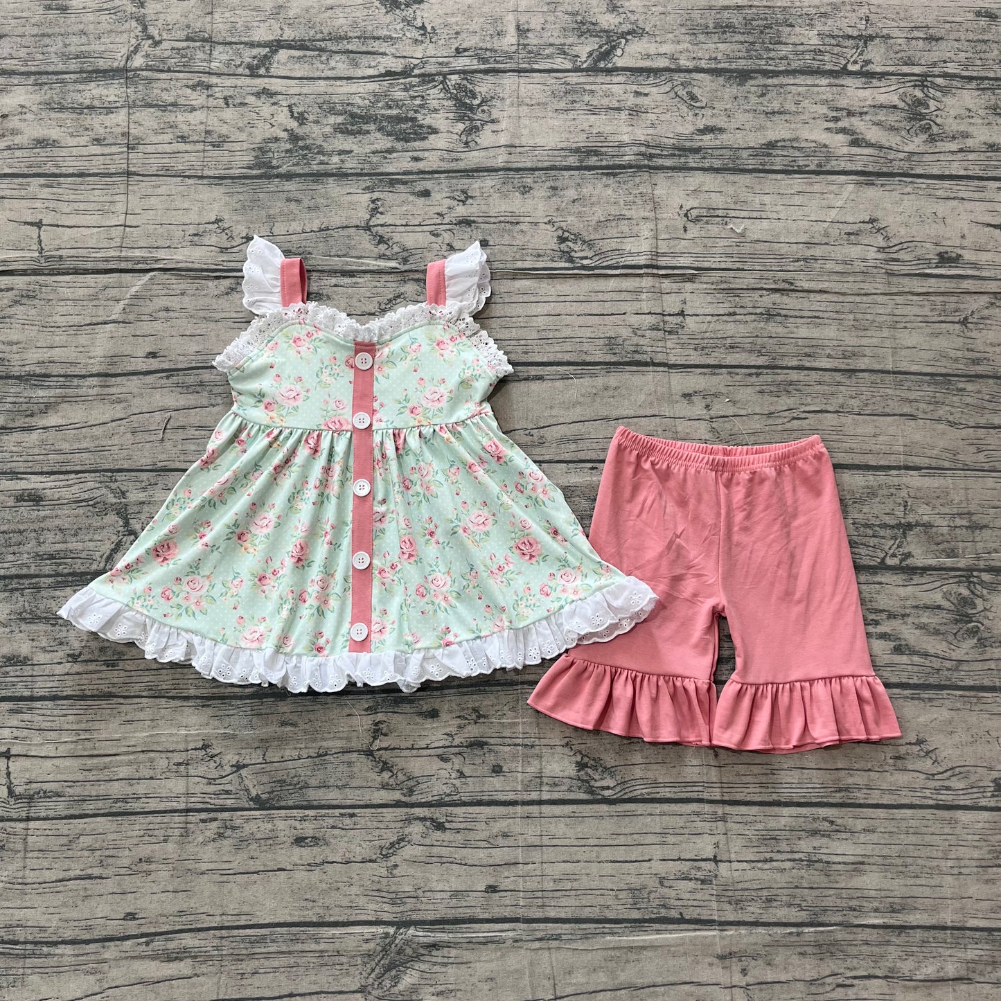 GSSO3036 Preorder Flowers Ruffles Tunic Top Pink Shorts Girls Summer Clothes Set