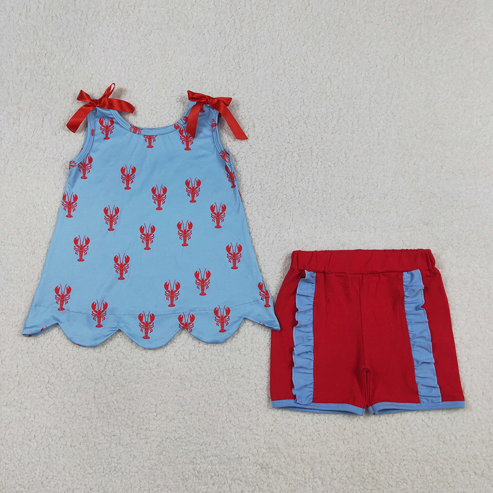 GSSO3050 Crayfish Scallop Top Red Shorts Girls Summer Clothes Set