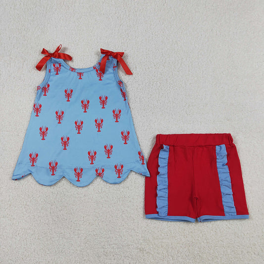 GSSO3050 Crayfish Scallop Top Red Shorts Girls Summer Clothes Set