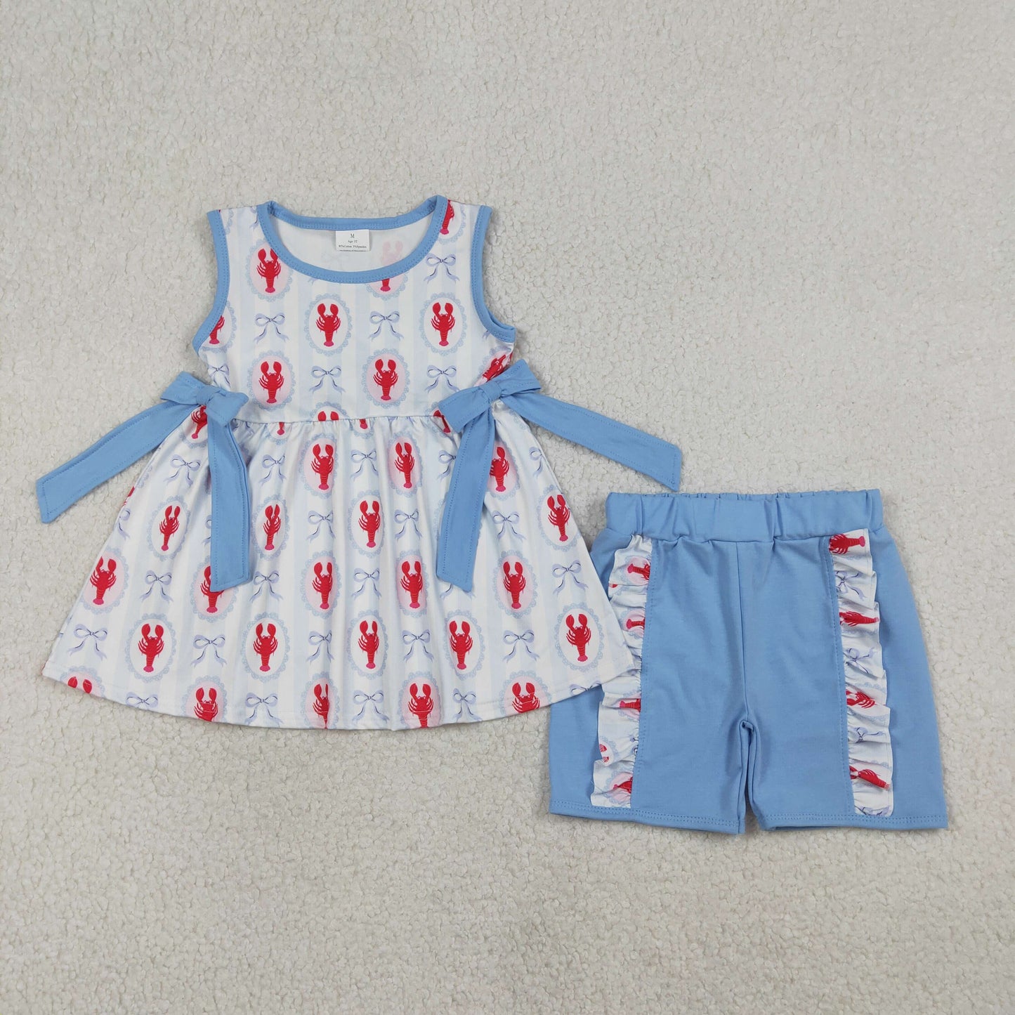 Sibling Baby Girls Bows Crayfishes Tunic Ruffle Shorts Clothes Set Ruffle Knee Length Dresses