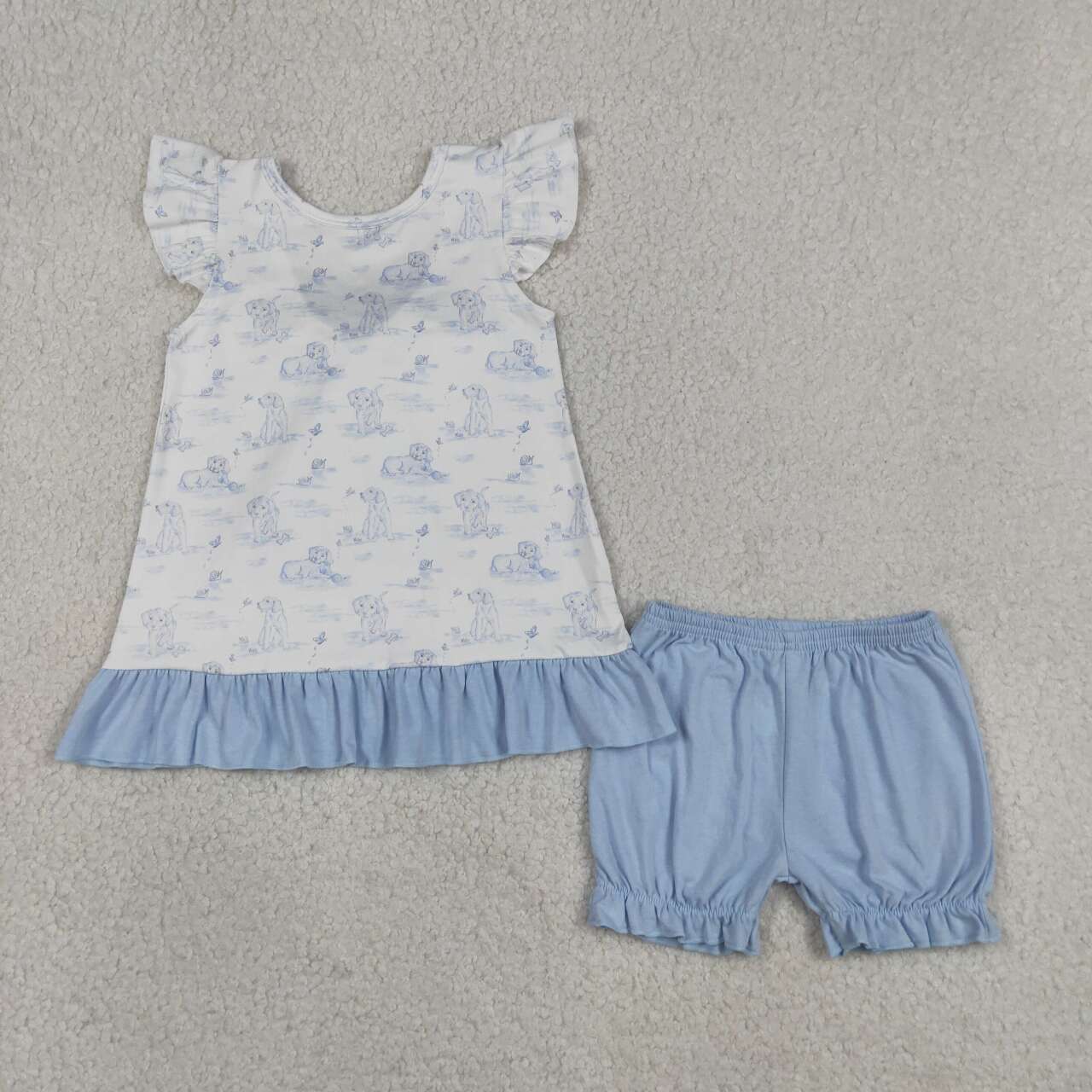 GSSO3061 Puppy Backless Bow Top Blue Shorts Girls Summer Clothes Set