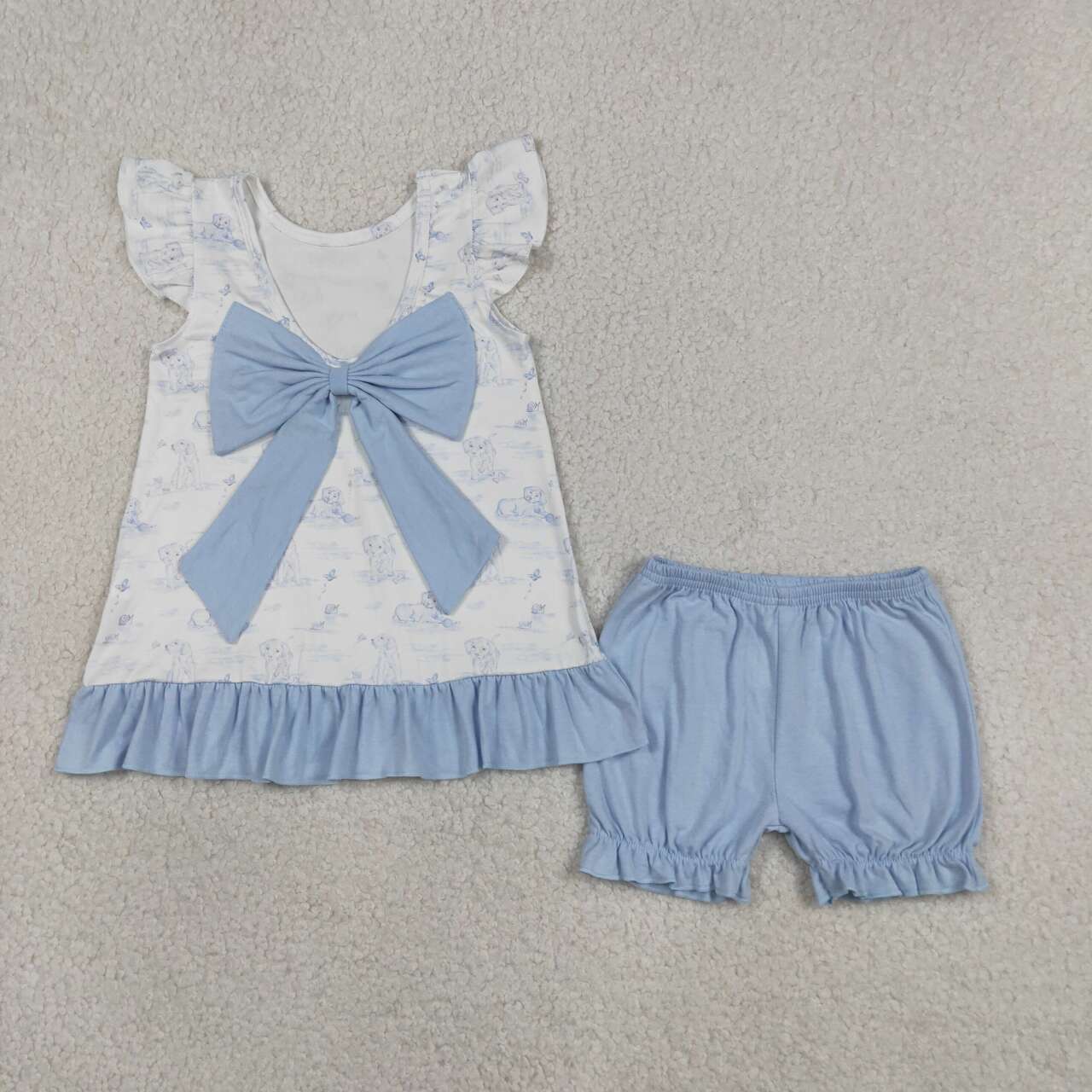 GSSO3061 Puppy Backless Bow Top Blue Shorts Girls Summer Clothes Set