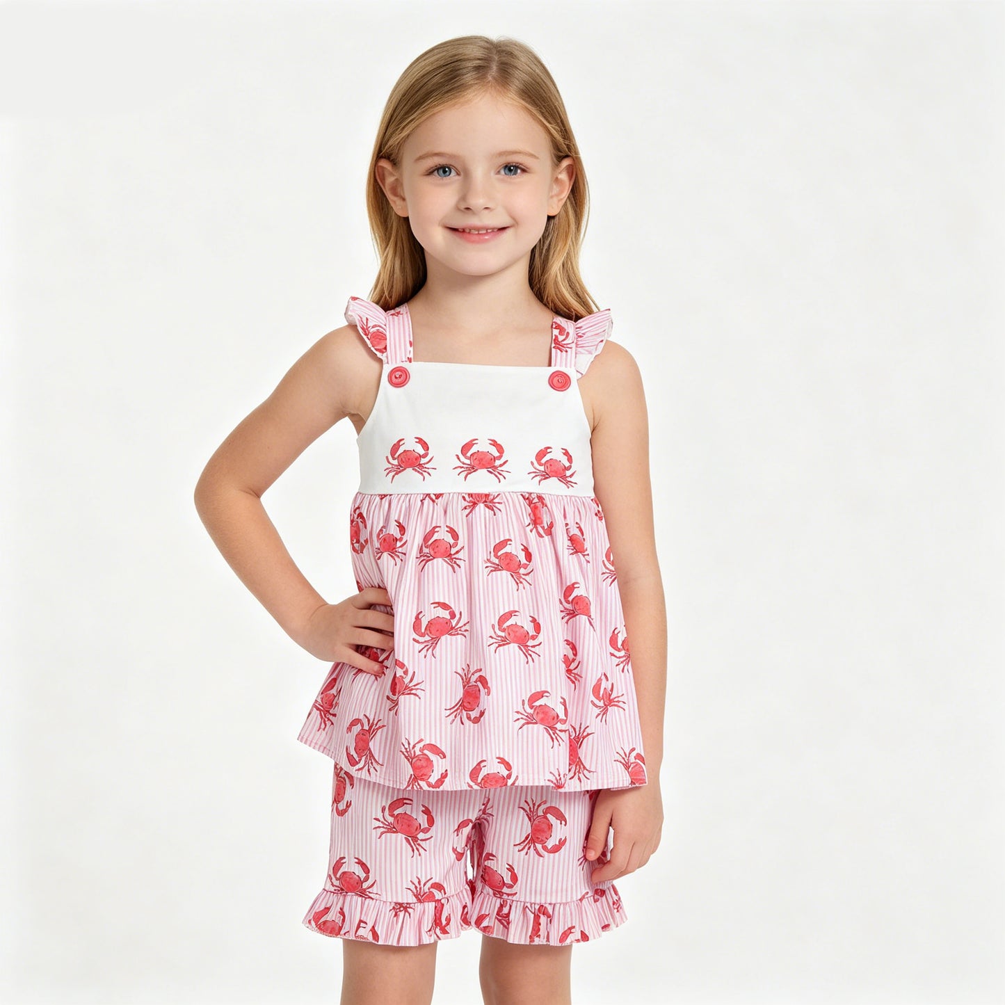 Crab Strap Tunic Top Ruffle Shorts Girls Summer Clothes Set