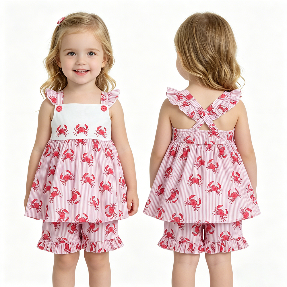 Crab Strap Tunic Top Ruffle Shorts Girls Summer Clothes Set