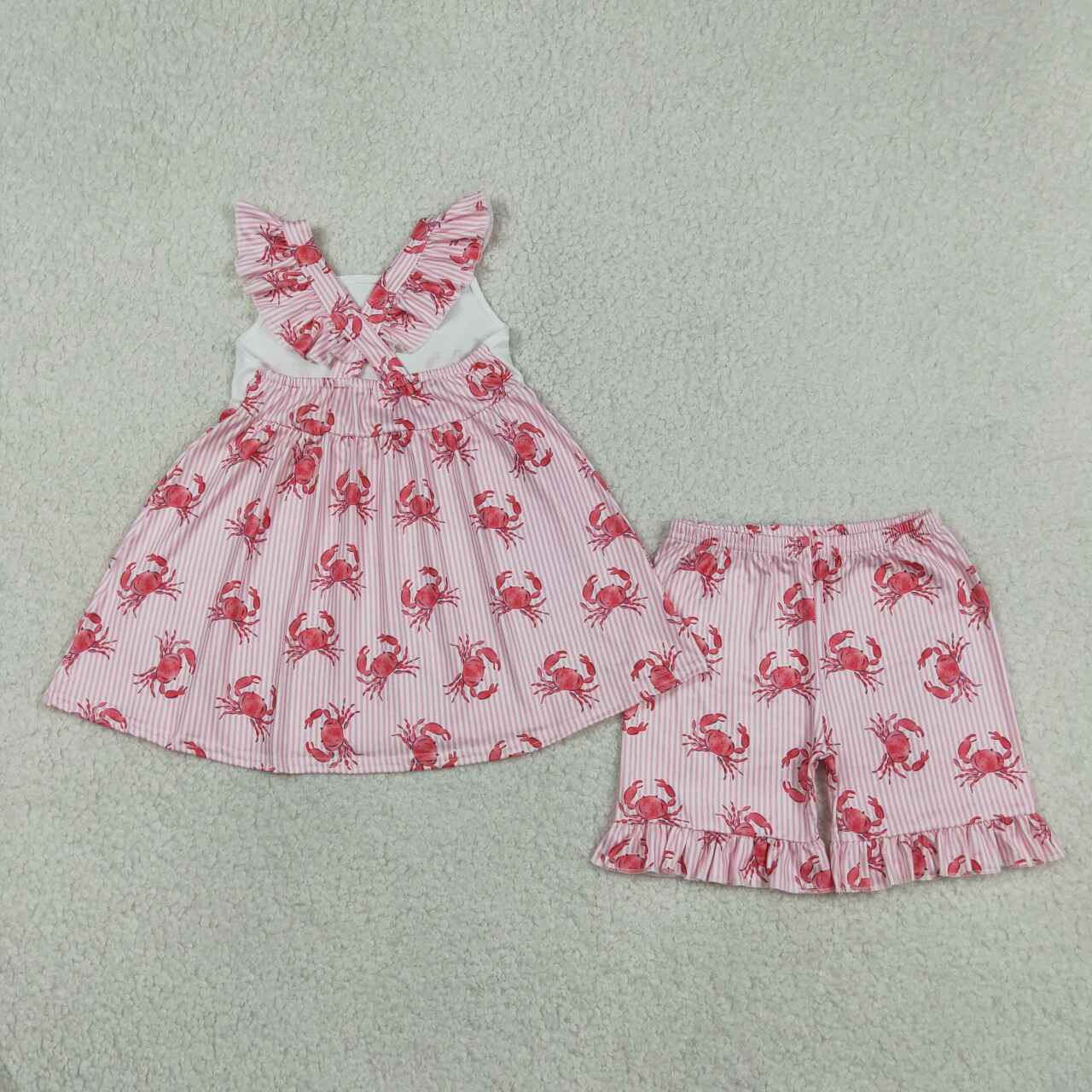 Crab Strap Tunic Top Ruffle Shorts Girls Summer Clothes Set