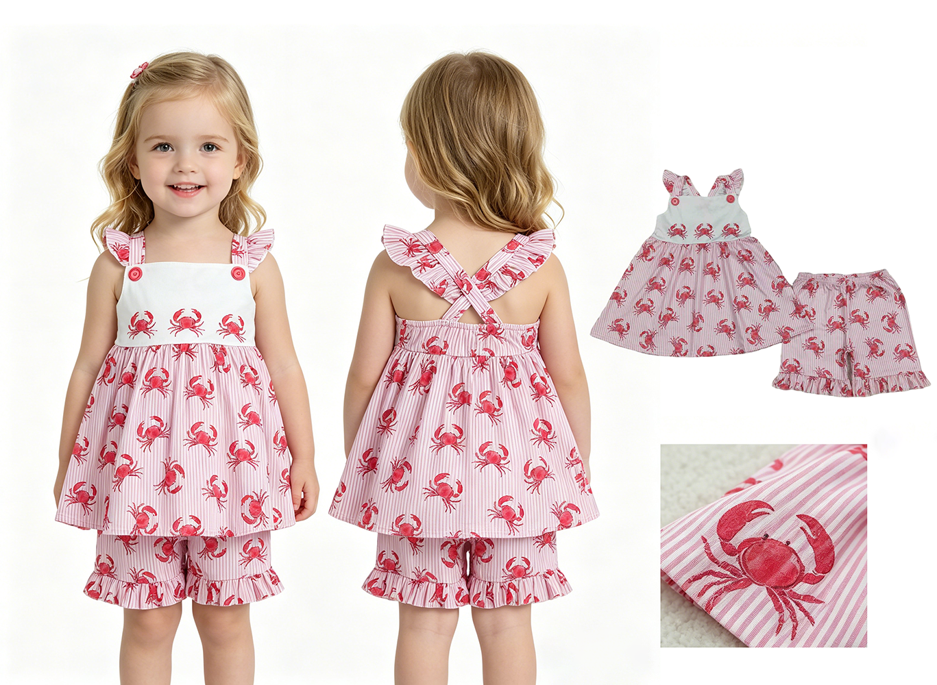Crab Strap Tunic Top Ruffle Shorts Girls Summer Clothes Set