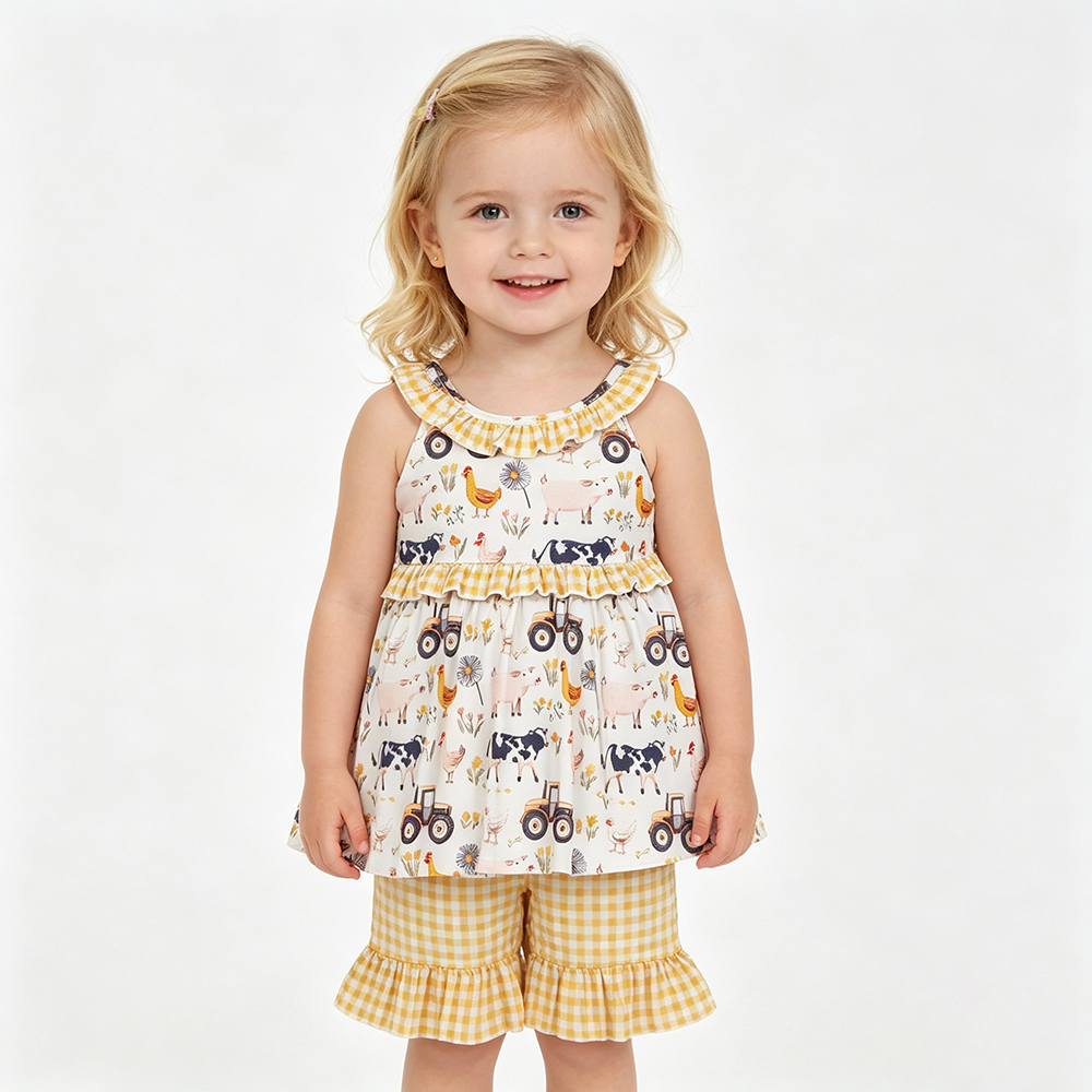 GSSO3071 Farm Animals Tractor Flowers Tunic Top Yellow Shorts Girls Summer Clothes Set