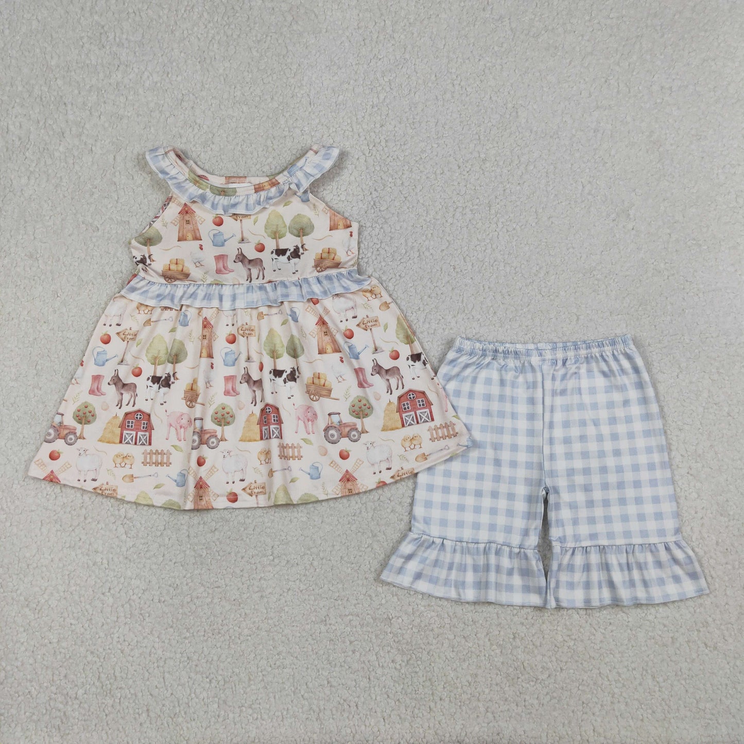 GSSO3077 Cute Baby Girls Farm Animal Print Tunic Top With Ruffle Shorts Outfit