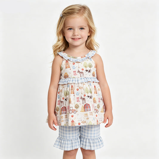 GSSO3077 Cute Baby Girls Farm Animal Print Tunic Top With Ruffle Shorts Outfit