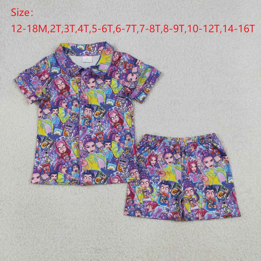 GSSO3087 Girls Cartoon Demon Purple Button Shorts Girls Summer Pajamas Clothes Set