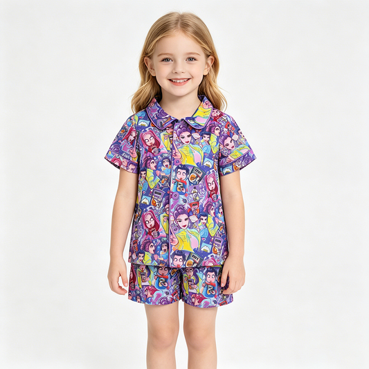 GSSO3087 Girls Cartoon Demon Purple Button Shorts Girls Summer Pajamas Clothes Set