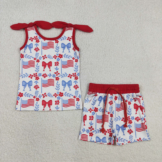 GSSO3094 Flag Flowers Bows Top Pockets Shorts Girls 4th of July Clothes Set