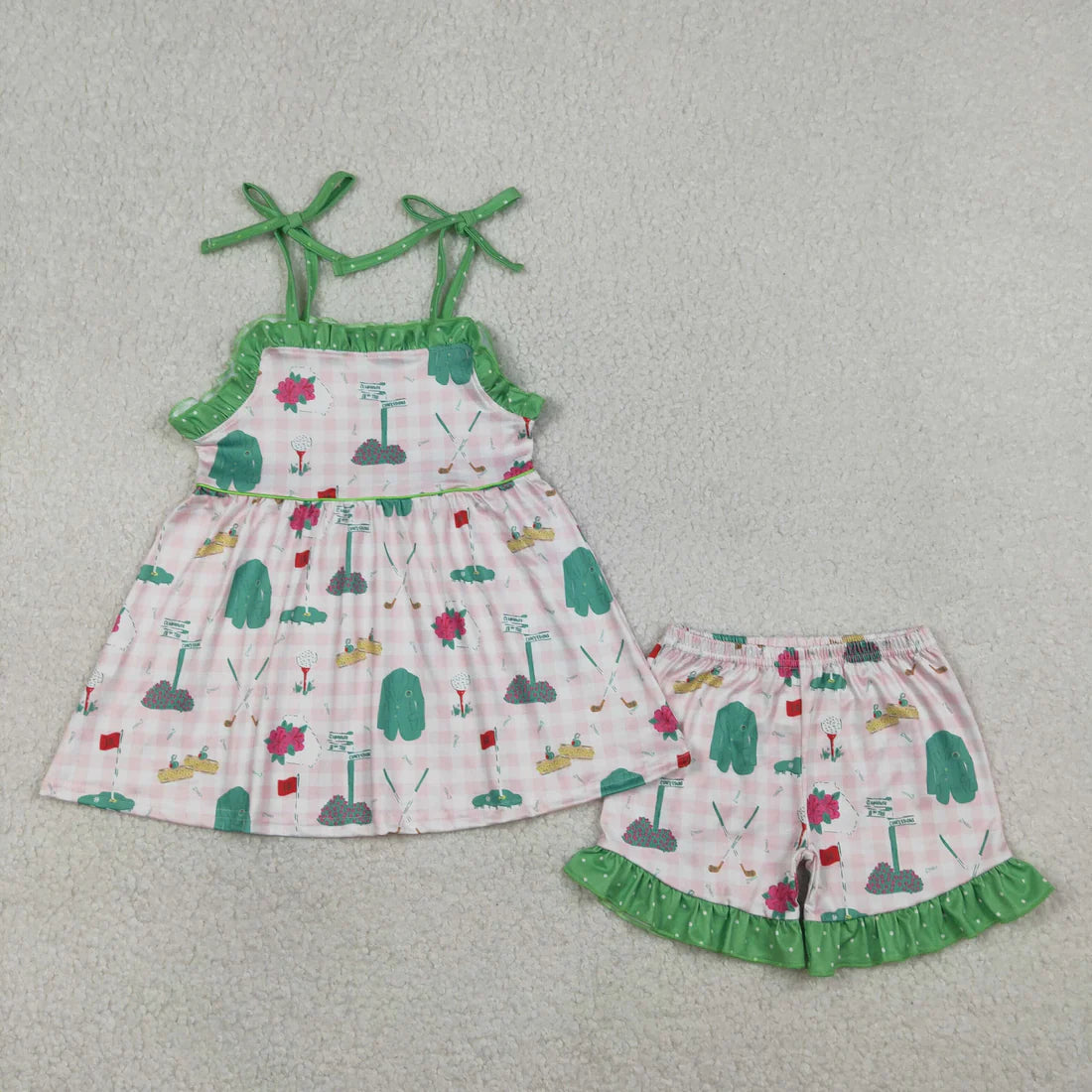 Sibling Baby Girls Pink Checked Flowers Golf Tunic Ruffle Skirt Shorts Set Rompers