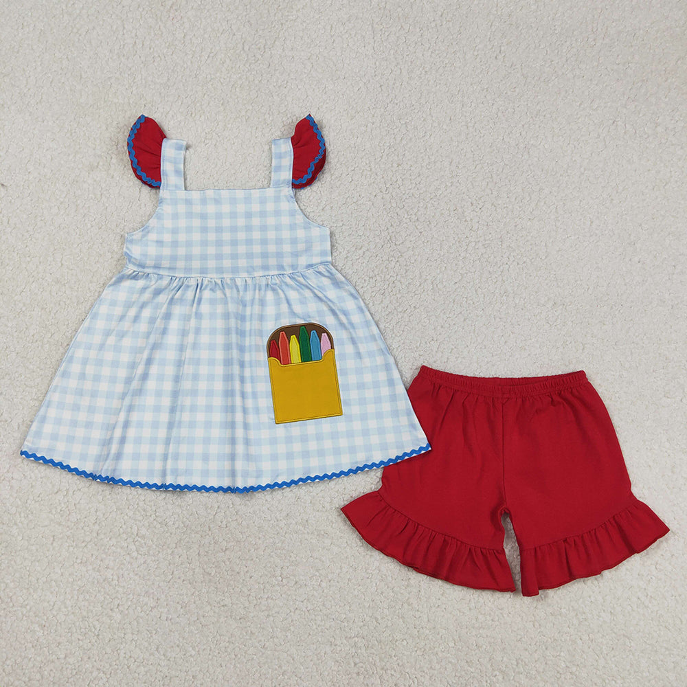 GSSO3101 Pen Embroidery Plaid Tunic Top Red Shorts Girls Back to School Clothes Set