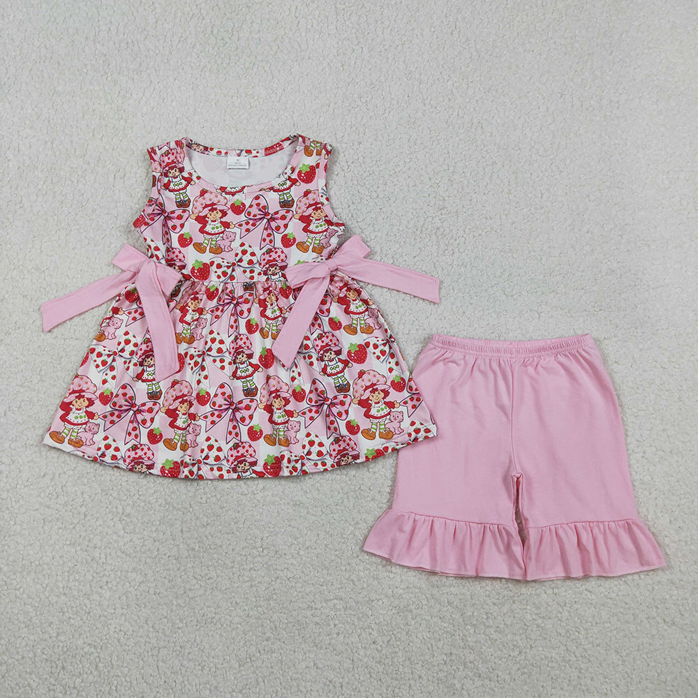 GSSO3104 Strawberry Girl Bow & Ruffle Pink Sleeveless Girls Short Set
