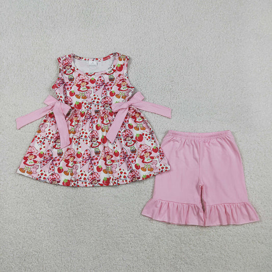 GSSO3104 Strawberry Girl Bow & Ruffle Pink Sleeveless Girls Short Set