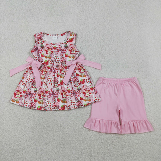 Strawberry Girl Print Bow Tunic & Ruffle Shorts Set
