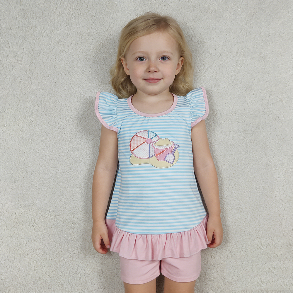 GSSO3109 Beach Ball Embroidery Striped Tee & Pink Shorts Set – Girls'