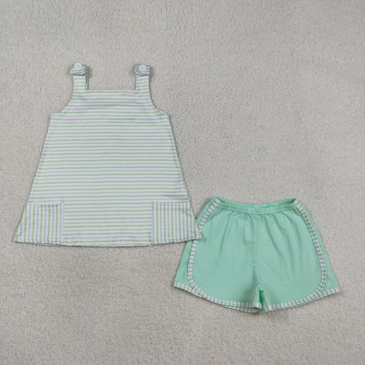 Summer Baby Girls Striped Stape Top With Green Shorts Outfit