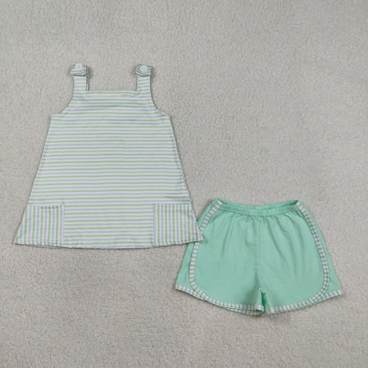 GSSO3110 Stripes Pockets Strap Top Green Shorts Girls Summer Clothes Set