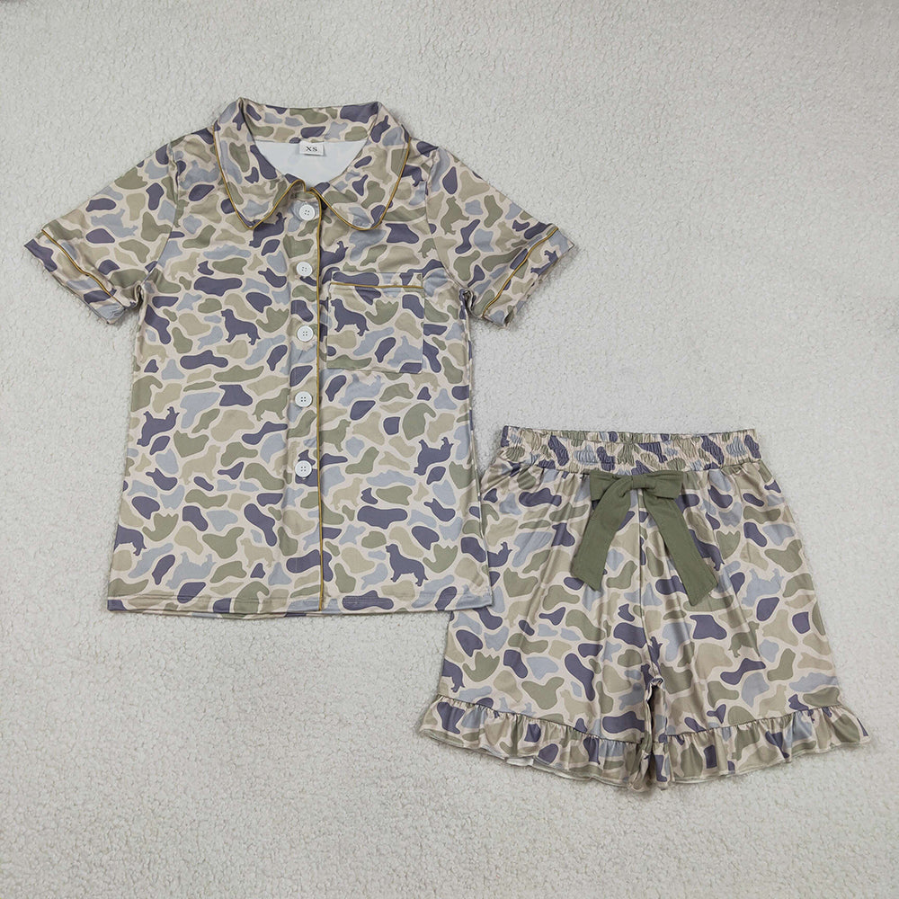 GSSO3135 Dog Green Camo Print Button Pocket Top Ruffle Shorts Woman Summer Pajamas Set