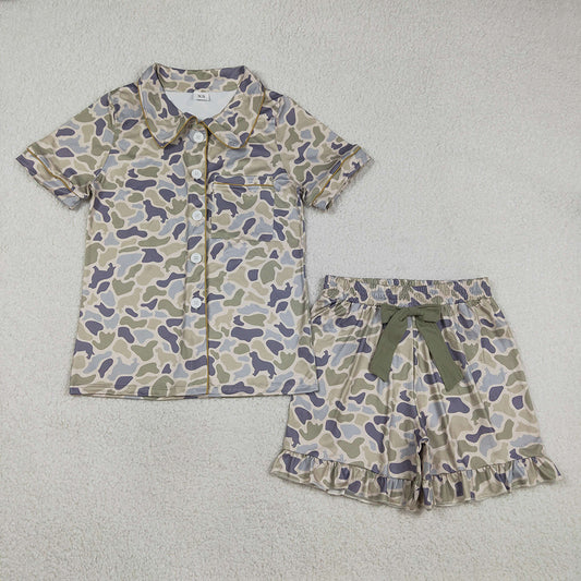 GSSO3135 Dog Green Camo Print Button Pocket Top Ruffle Shorts Woman Summer Pajamas Set
