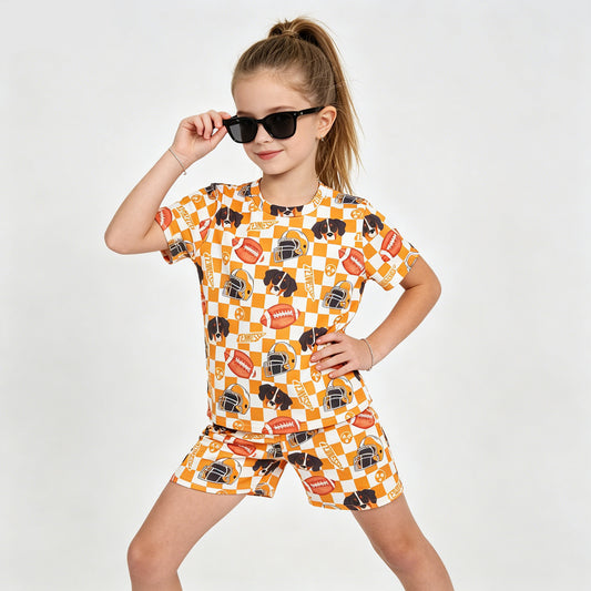GSSO3161 Teams Tennessee Orange Plaid Print Kids Summer Set